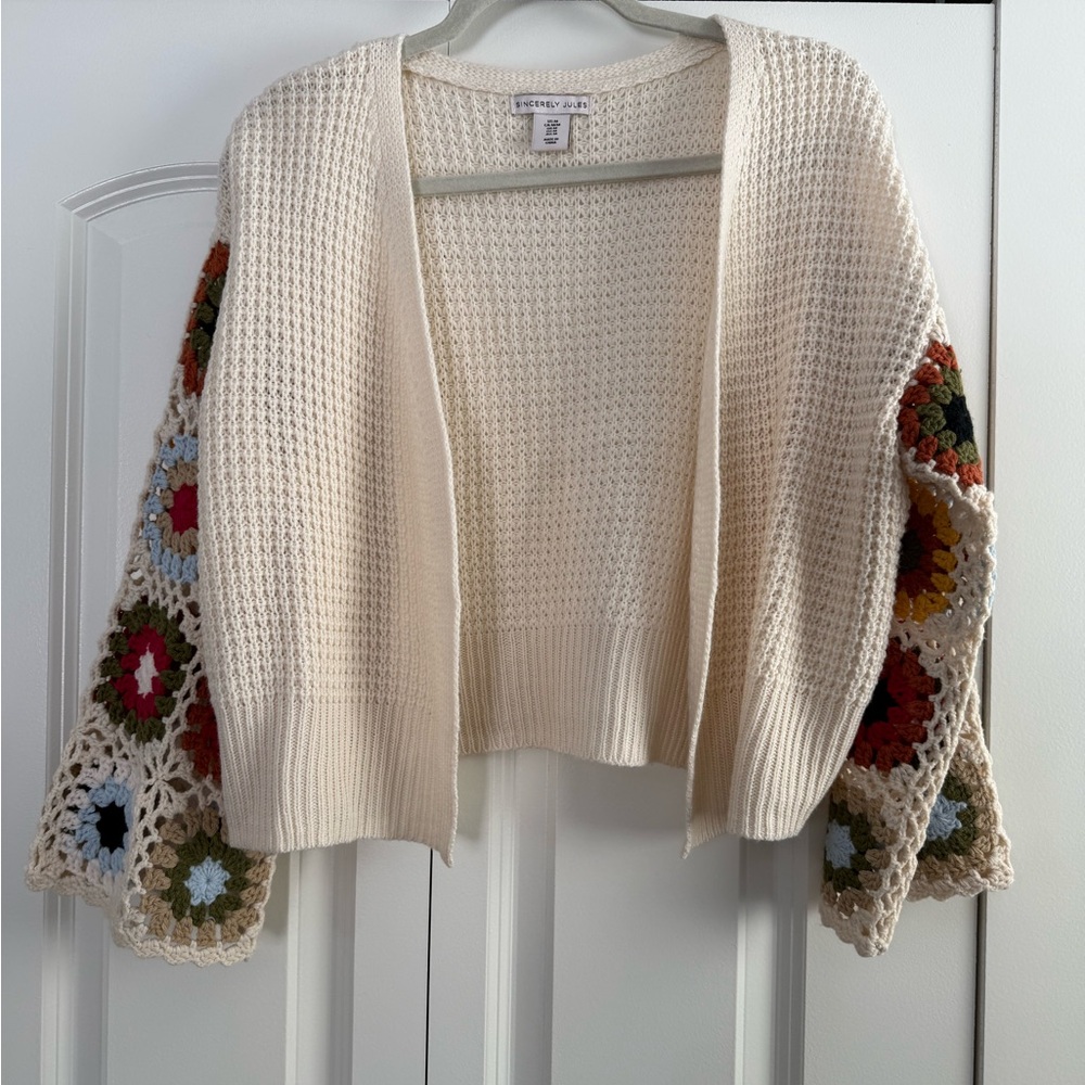 Cream Cardigan with Multicolor Crochet Sleeves